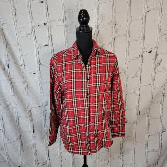 EVAN Picone red plaid Classic Button Down Blouse Relaxed Fit Womens Top - Picture 1 of 6